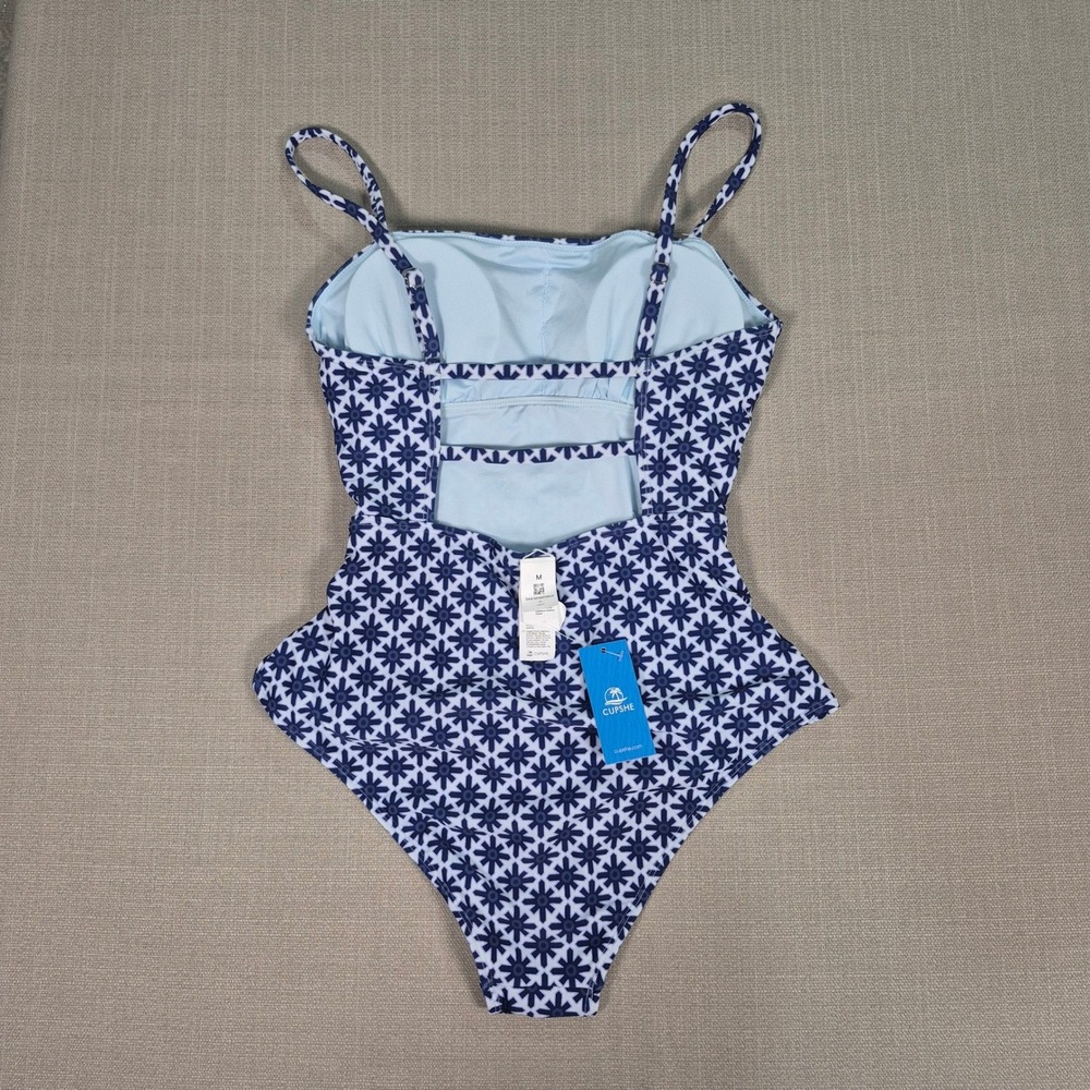 Cupshe Womens Blue White Geometric Floral Ruched Tummy Control Swimsuit Size M - Picture 7 of 9